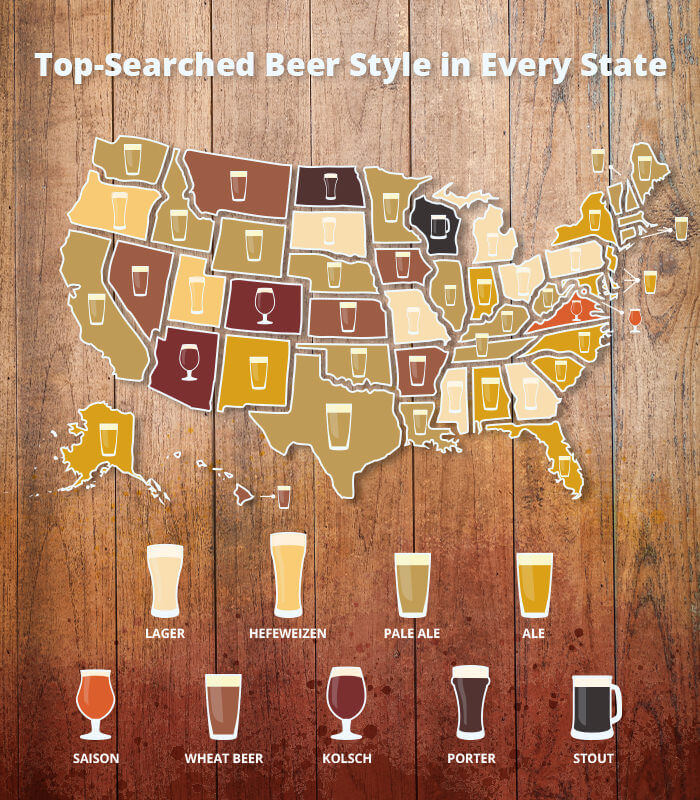 A map of the top searched beer style in every state